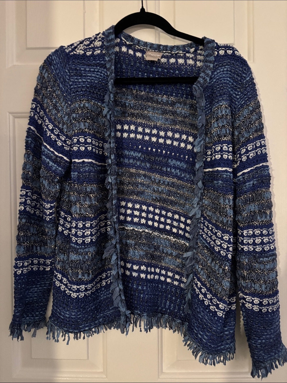 Chico's Blue Mixed-Stripe Fringe Open Cardigan
